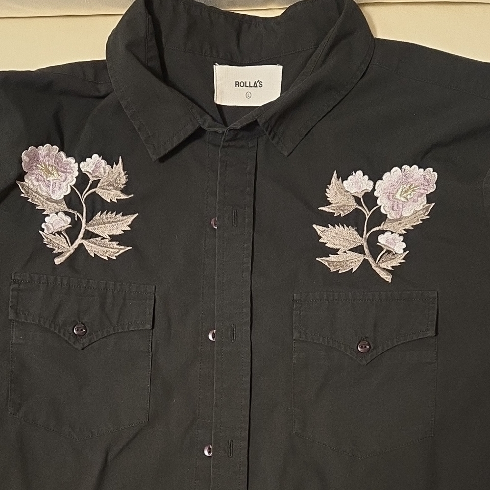 ROLLAS Black Shirt with Floral Embroidery